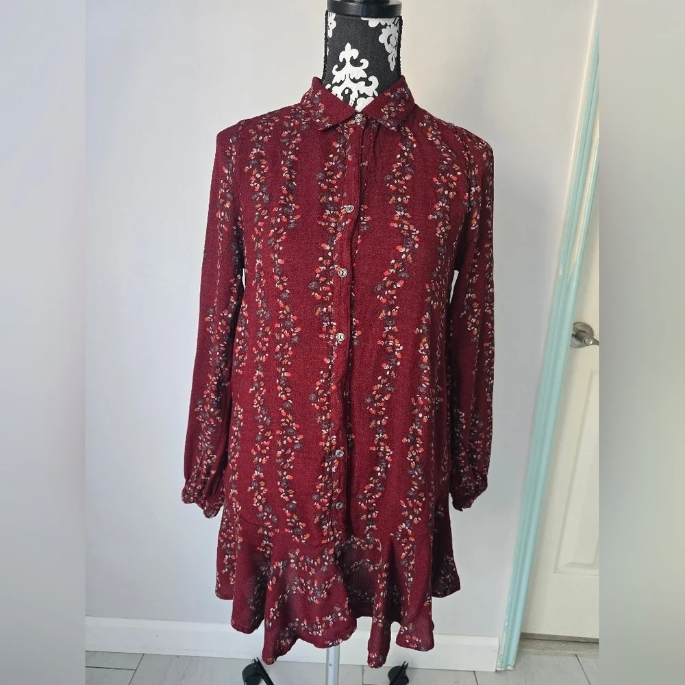 Free People Red Long Sleeve Dress Shirt with Bishop Sleeves size XS
